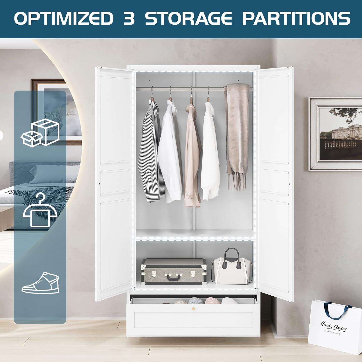MIIIKO Wardrobe Closet with Drawer, 2 Doors Clothes Cabinet, 72' Metal Storage Cabinets with Hanging Rod, Bedroom Armoires Laundry Room and Office Clothes Storage Organizer Cabinets