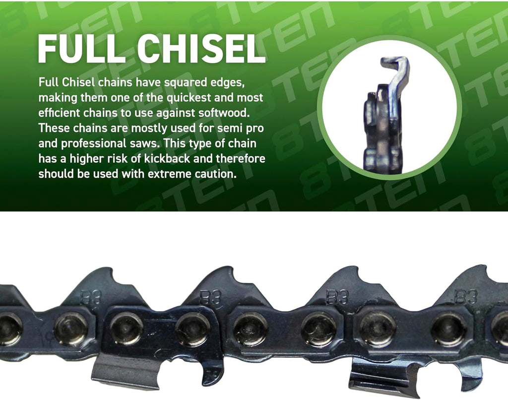 8TEN Full Chisel Chainsaw Chain 24 Inch .063 3/8 84DL For Husqvarna 372XP Jonsered 2165 Makita DCS6401 (10 Pack)