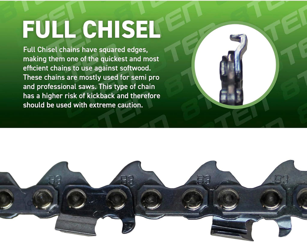 8TEN Full Chisel Chainsaw Chain 28 Inch .050 3/8 91DL For Stihl MS440 MS660 MS460 MS441 MS650 MS661 (10 Pack)