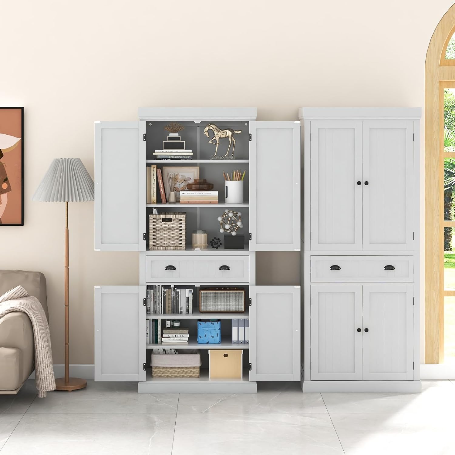 Giantex Pantry Organizers and Storage, 72' Tall Kitchen Cabinet with 2-Door Cabinets & Drawer, Buffet Sideboard w/Adjustable Shelves, Wooden Freestanding Cupboard for Dining Room Living Room (White)