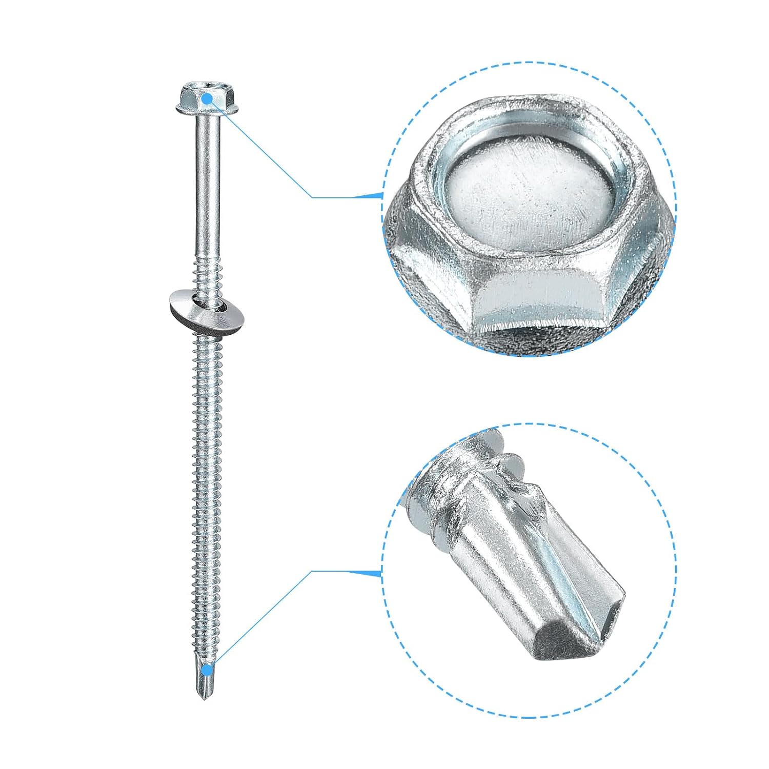 uxcell #14x4-8/9 Self Drilling Screws with Rubber Washer, 200Pcs Zinc Plated Finish Hex Head Self Tapping Screws with EPDM Washer for Metal