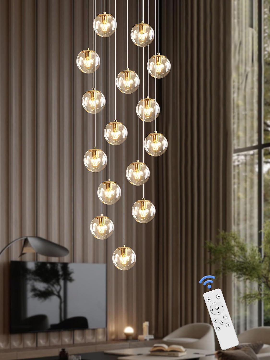 ykolupty 15-Light Gold Chandelier with Globe Glass Dimmable Ceiling Light Glass Pendant Light for Kitchen Island, Dining Room, Living Room, Entry Hallway, LED Bulbs Included