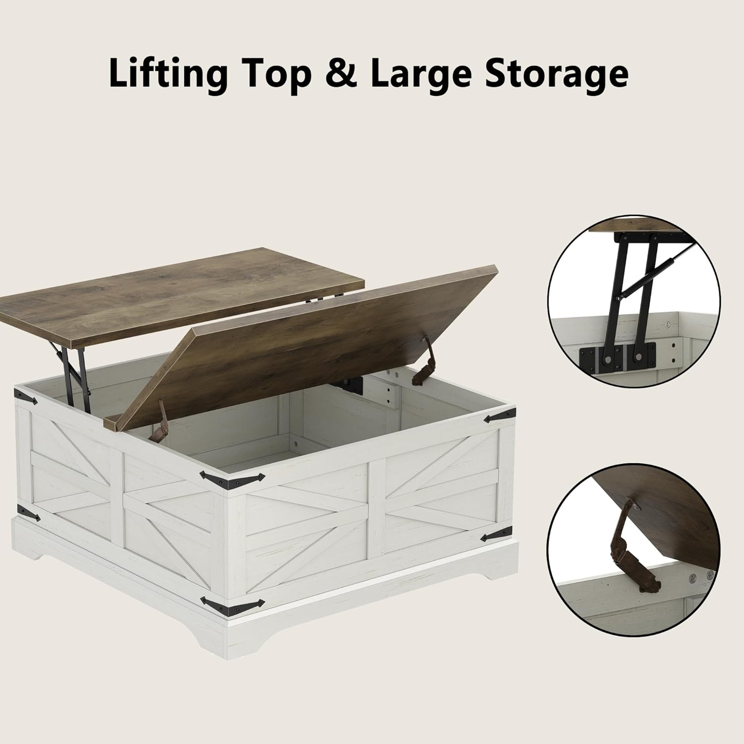 Furnideco 35.5''W Square Coffee Table Farmhouse Lift top Coffee Table with Large Hidden Storage, Wood Center Table for Living Room, Home Office, Brown Top