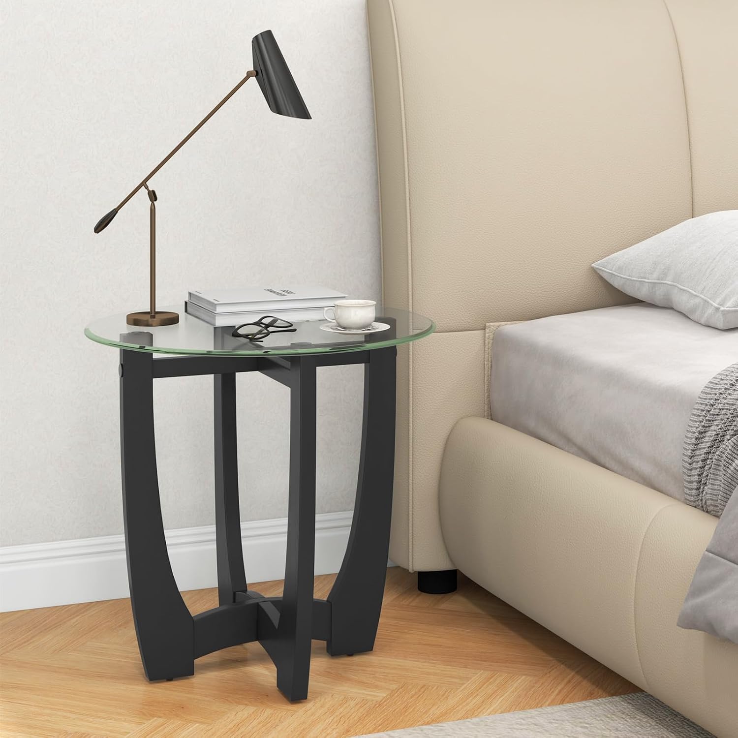 Giantex Glass End Tables Set of 2, Round Side Tables with Rubber Wood Frame & Tempered Glass Top, 23.5' Small Black Coffee Table, Modern Glass Nightstand for Living Room Balcony Bedroom, Easy Assembly