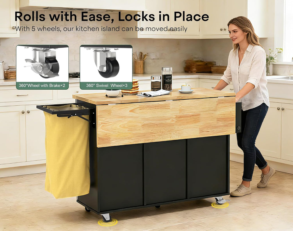 43.3' x 29.5' Kitchen Island with Drop Leaf, Rolling Kitchen Island on Wheels with Removable Trash Bag, Kitchen Island Cart with Storage Cabinet, Drawers & Spice Rack, Black