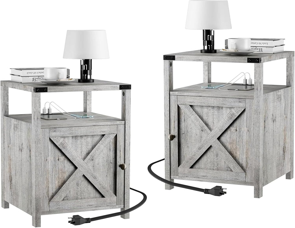 Farmhouse Nightstand Set of 2 with Charging Station, Rustic End Table Bedroom with Storage Living Room Side Table Grayish White Night Stand Industrial Bedside Table