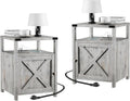 Farmhouse Nightstand Set of 2 with Charging Station, Rustic End Table Bedroom with Storage Living Room Side Table Grayish White Night Stand Industrial Bedside Table