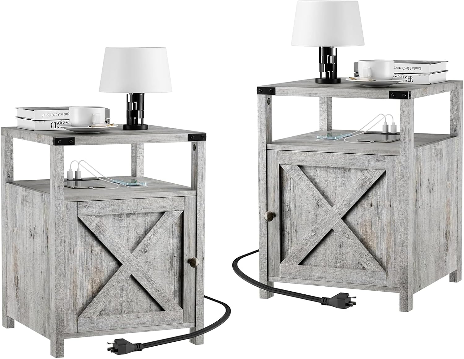 Farmhouse Nightstand Set of 2 with Charging Station, Rustic End Table Bedroom with Storage Living Room Side Table Grayish White Night Stand Industrial Bedside Table