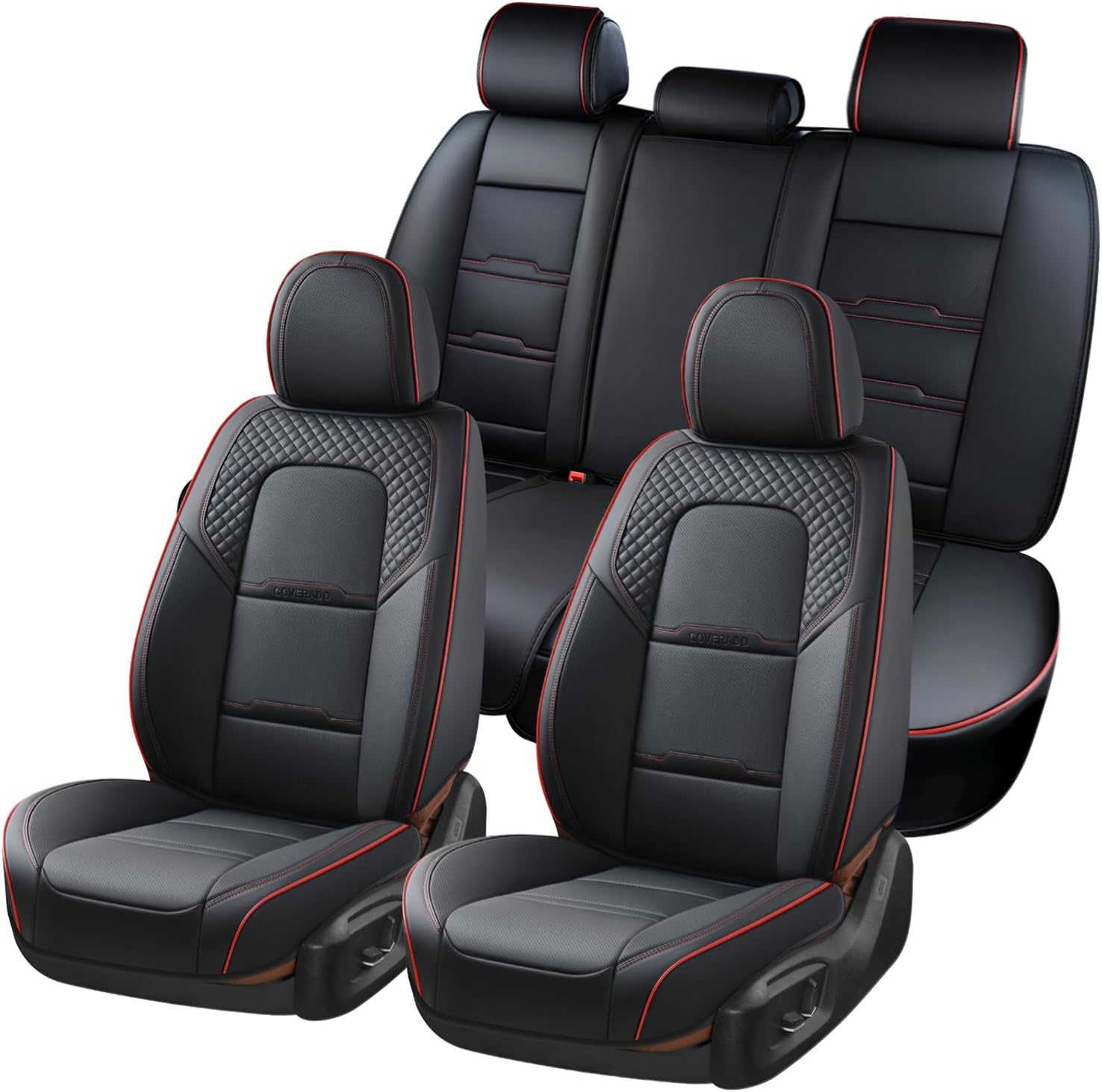 Coverado Car Seat Covers Full Set, 5 Piece Car Seat Protector with Removable Headrest, Nappa Leather Breathable Front Rear Seat Cushion Side All Wrapped Universal Fit Truck Most Cars Black & Red