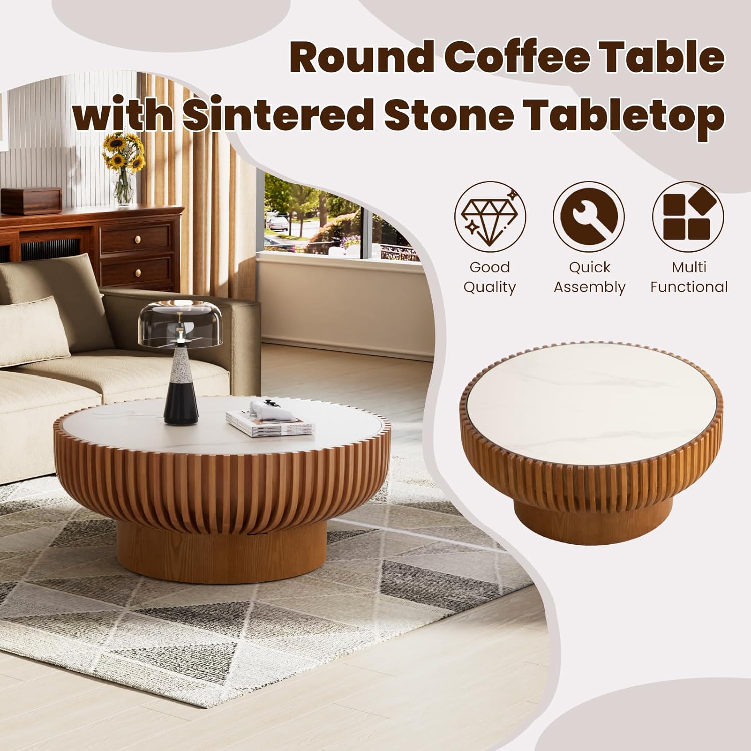 Fluted Round Coffee Table, 31.5' Drum Coffee Table with Sintered Stone Tabletop, Modern Wood Circle Center Table for Living Room Apartment, Easy Assembly (31.5' Sintered Stone Tabletop)