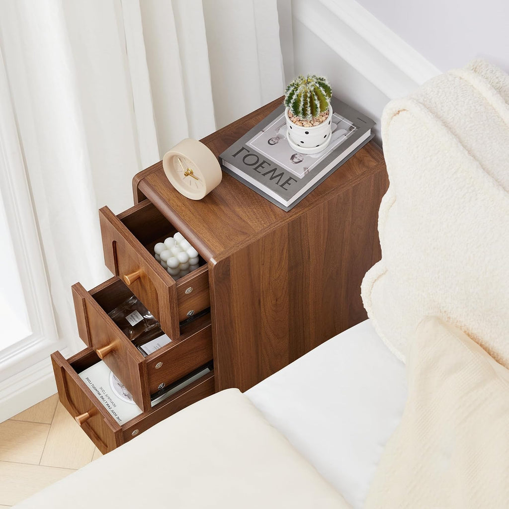 Small Nightstand Set of 2, Narrow Nightstand Slim Couch Side Table with Drawers, Wood End Tables with Storage for Living Room, Bedroom, Small Spaces (Walnut-2pcs)