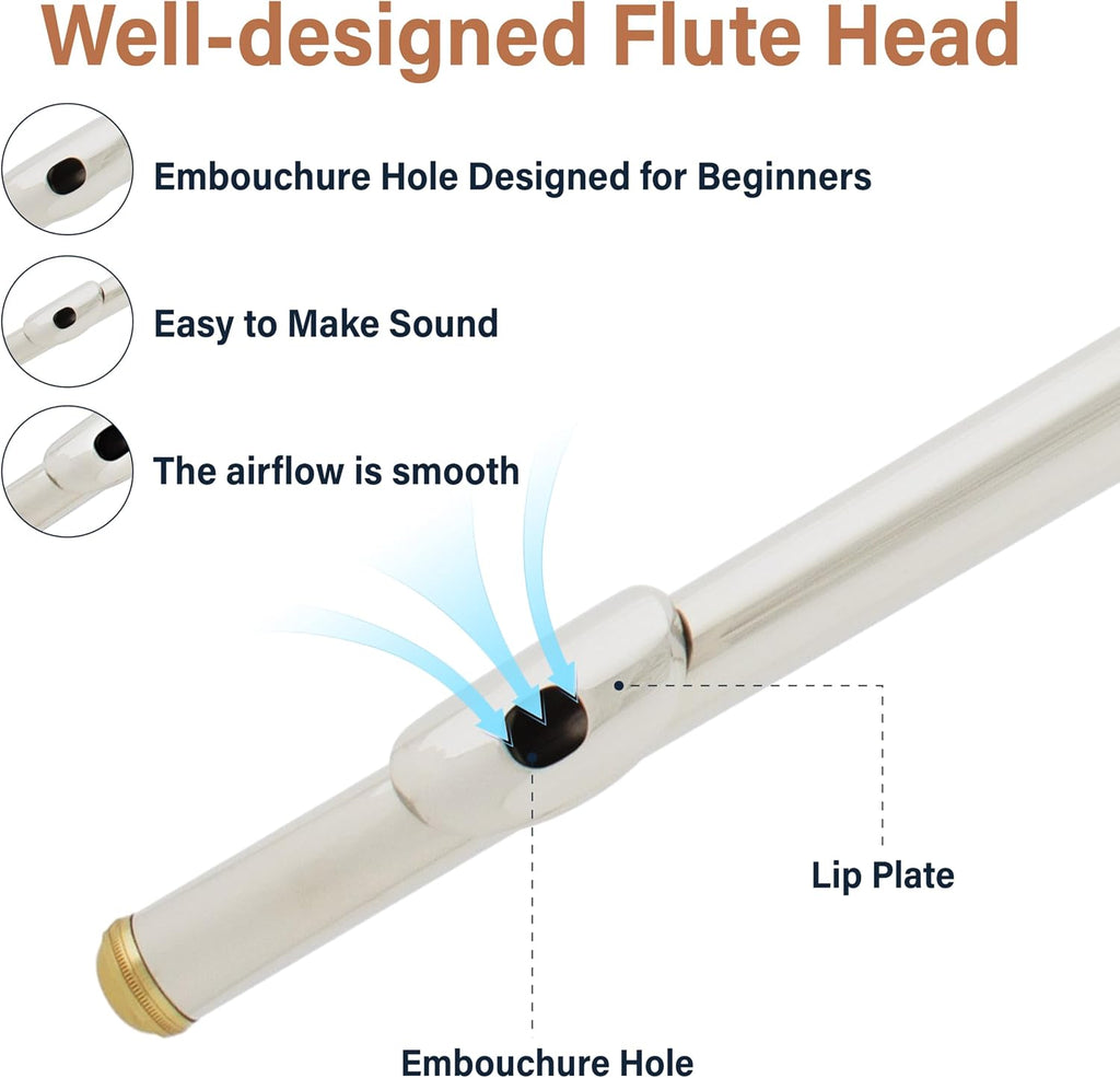 Mendini By Cecilio Flute, 16 Keys Closed Hole C Flute Instrument For Beginners with Carrying Case, Cork Grease, Stand, Lesson Book, Cleaning Kit, Gloves (Gold)
