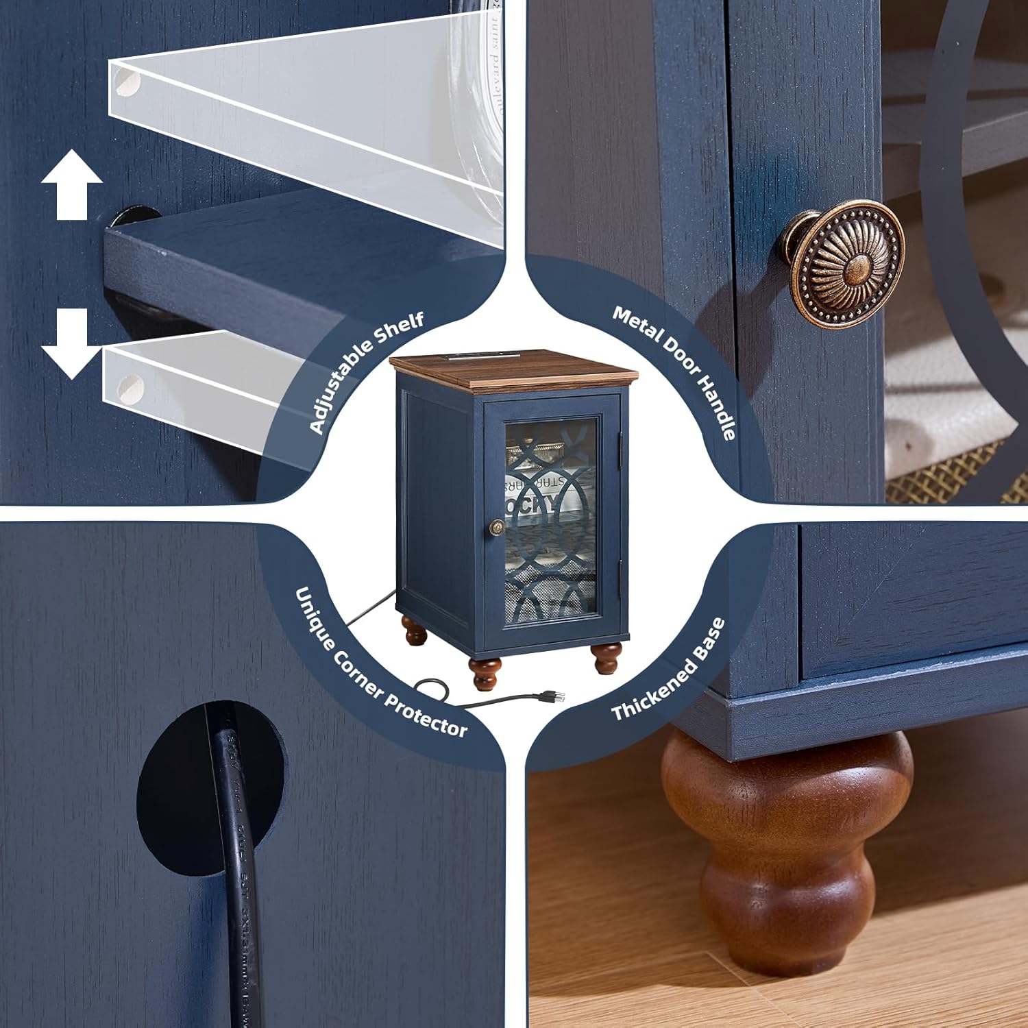 Joaxswe Narrow Side Table with Charging Station Set of 2, Night Stand with Glass Door,Bedside End Tables with Adjustable Shelf Storage Cabinet,Wood Nightstand for Small Spaces Living Room Bedroom