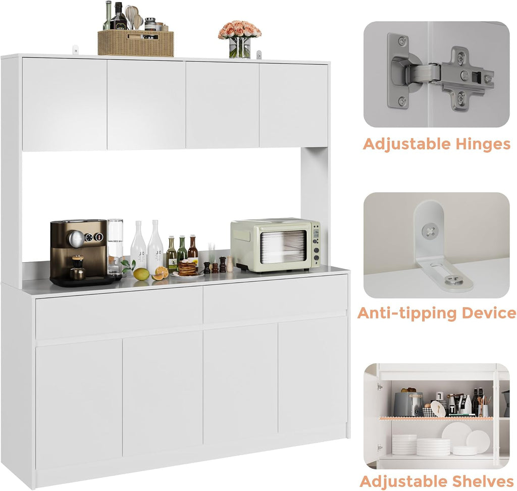 Bobve 71' Kitchen Pantry Cabinet, Kitchen Hutch with Microwave Stand, Buffet Cabinet with Large Storage Drawers for Dining Room (White)