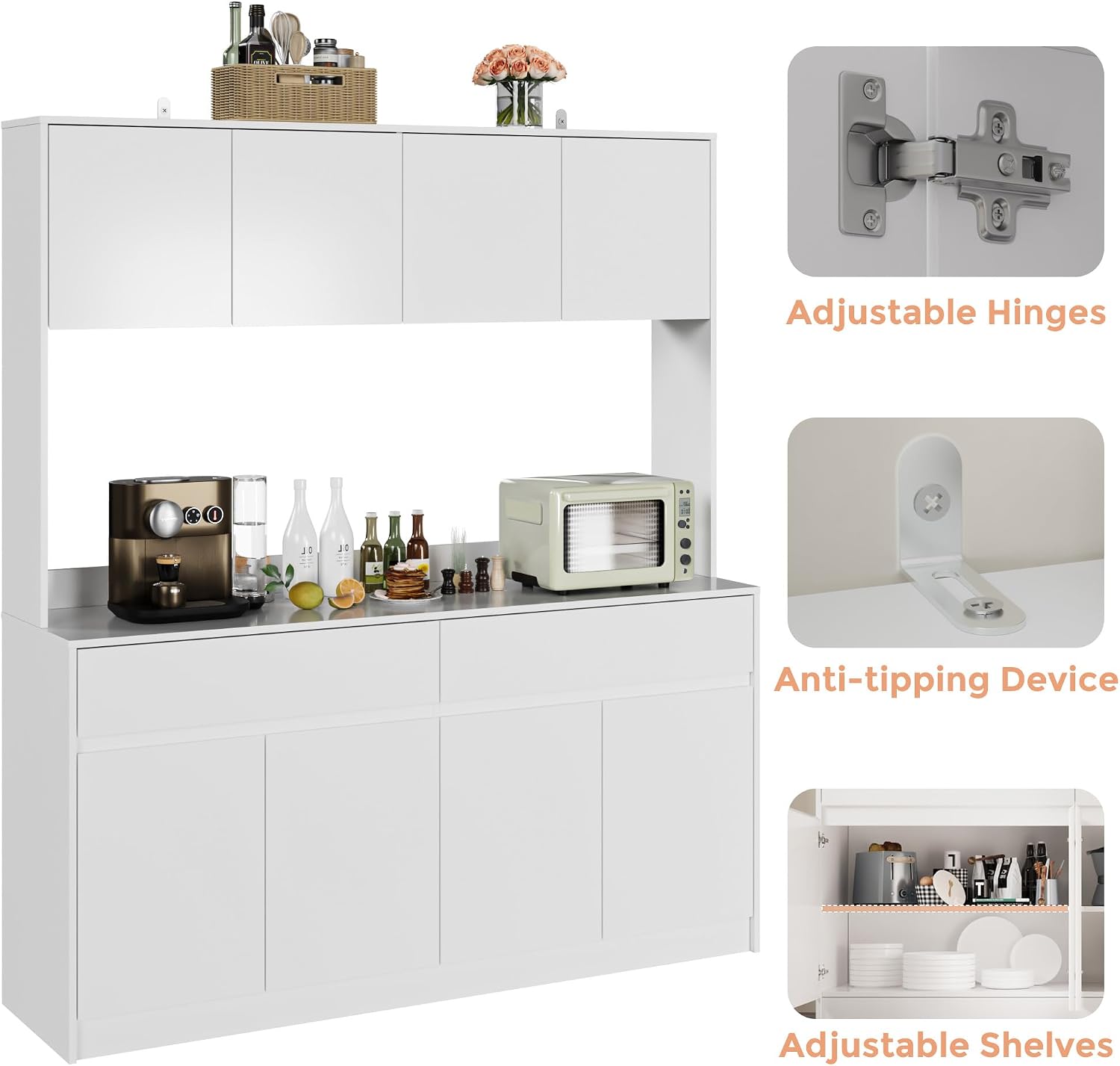 Bobve 71' Kitchen Pantry Cabinet, Kitchen Hutch with Microwave Stand, Buffet Cabinet with Large Storage Drawers for Dining Room (White)