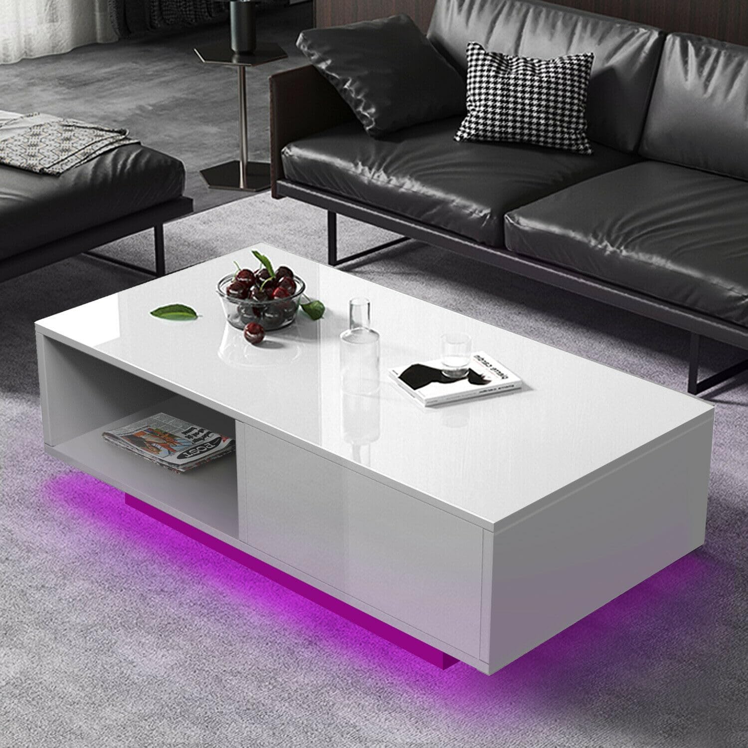 COSVALVE Modern White LED Coffee Tables for Living Room with Drawer & 16-Color LED Lights, Rectangle Living Room Sofa Table with Ample Storage Space(23.6' D x 43.3' W x 15.7' H)