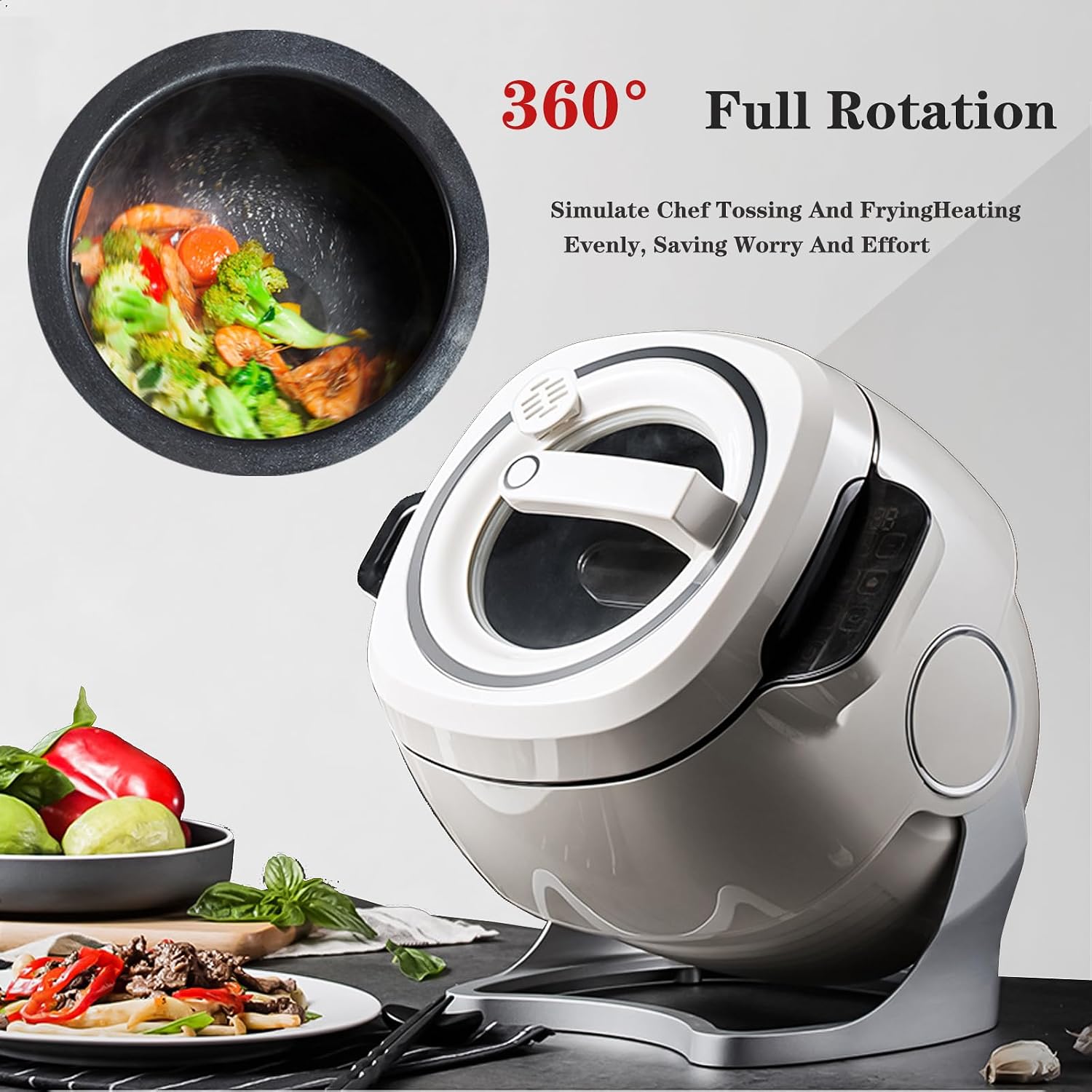 2000W Commercial Food Processor & Automatic Cooker - 6L Stainless Steel Pot with 360° Rotation, 3D Heating & 3 Speed Modes for Stir Frying/Soup/Rice, Home & Restaurant Kitchen Appliance