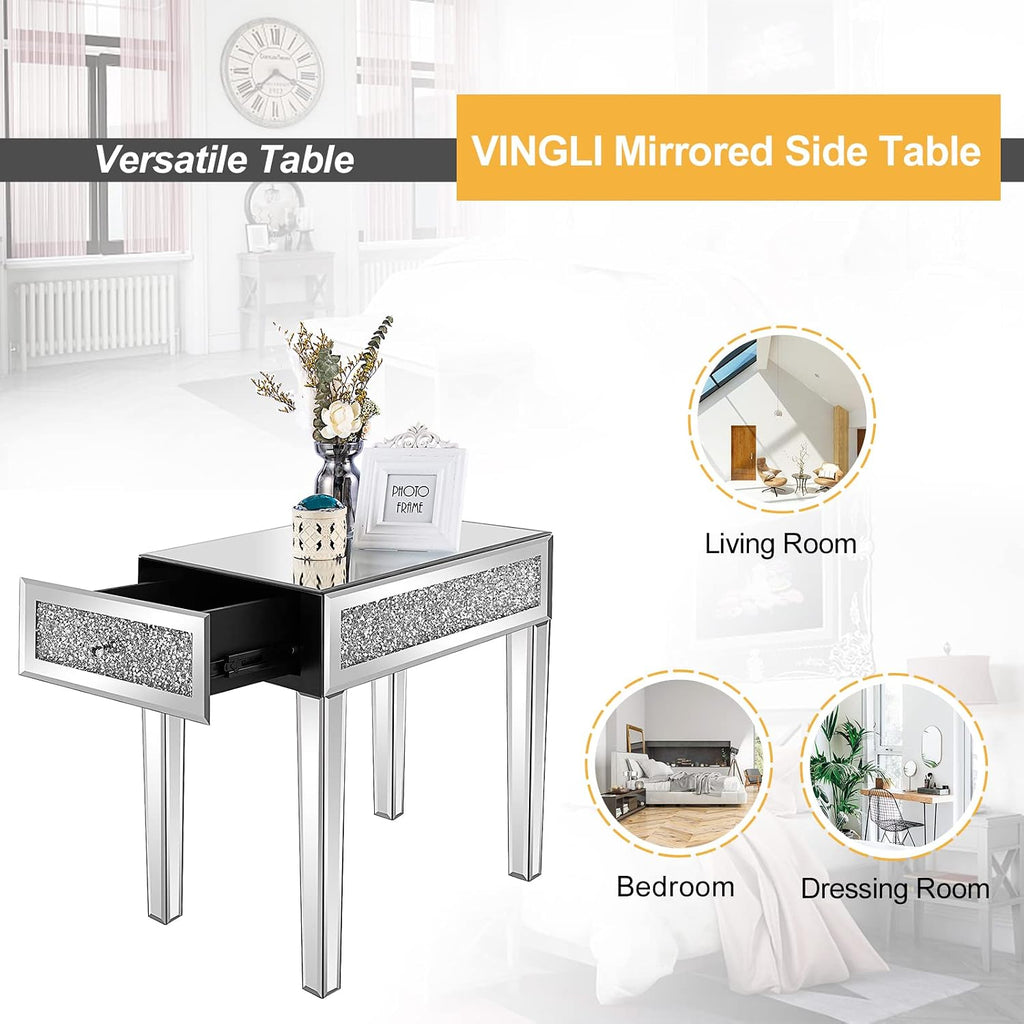 VINGLI Mirrored Narrow End Table Small Sofa/Couch/Bed Side Table with Storage Slim Glass Nightstand for Bedroom/Living Room, Silver