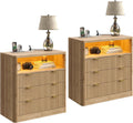 FUSOU Fluted Nightstands Set of 2, Night Stand with Charging Station and LED Lights, Modern Bedside Table with 3 Drawers and Open Shelf, End Table with Storage, Night Stand for Bedroom, Natural Oak