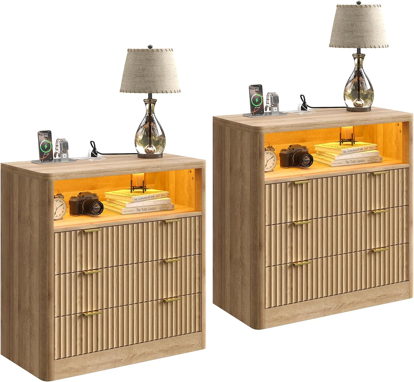 FUSOU Fluted Nightstands Set of 2, Night Stand with Charging Station and LED Lights, Modern Bedside Table with 3 Drawers and Open Shelf, End Table with Storage, Night Stand for Bedroom, Natural Oak
