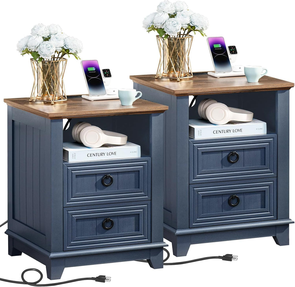Joaxswe 18' Farmhouse Night Stands Set of 2 with Charging Station, 2 Drawers End Table Dresser for Bedroom, Blue Wooden Nightstand, Bed Side Table with Open Shelf, Bedside Cabinet for Living Room