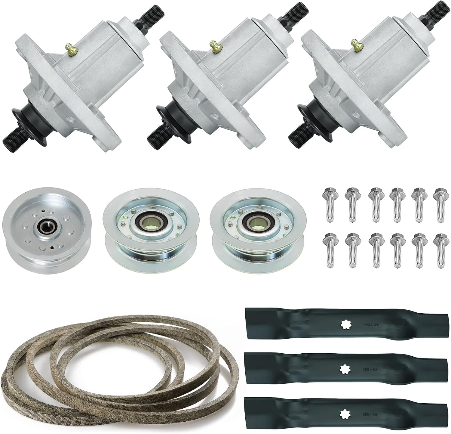 48' Deck Spindle Rebuild Kit for John Deere D140 D155 LA130 LA145, Include 3 Spindles GY20454 GY20867, 3 Blades AM141035, 1 Idler GY20110 GY20629, 2 Idlers GY20067 GY22172, 1 141' Belt GX20571