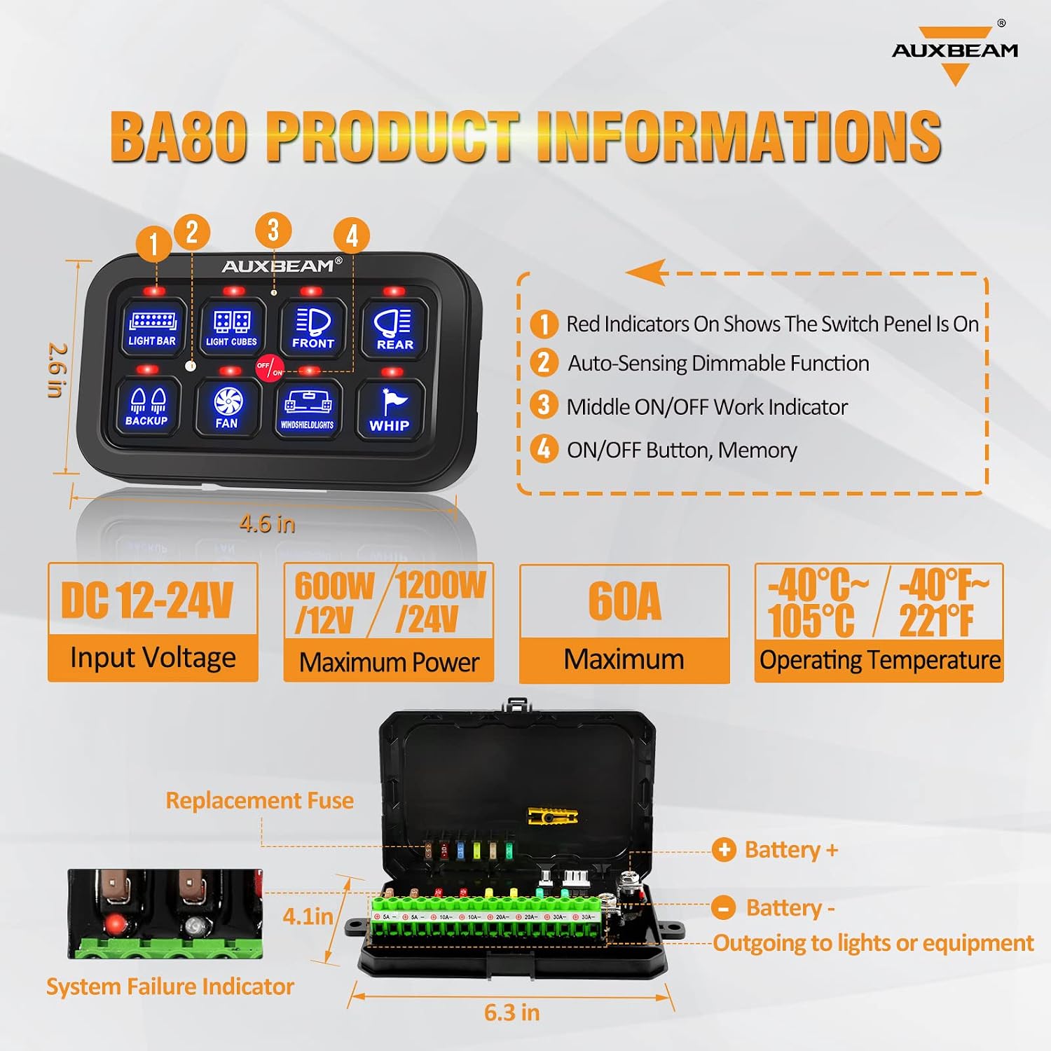Auxbeam 8 Gang Switch Panel BA80, Universal Circuit Control Relay System Box with Automatic Dimmable On-Off LED Switch Pod Touch Switch Box for Car Pickup Truck Boat UTV ATV, Blue 3 Years Warranty