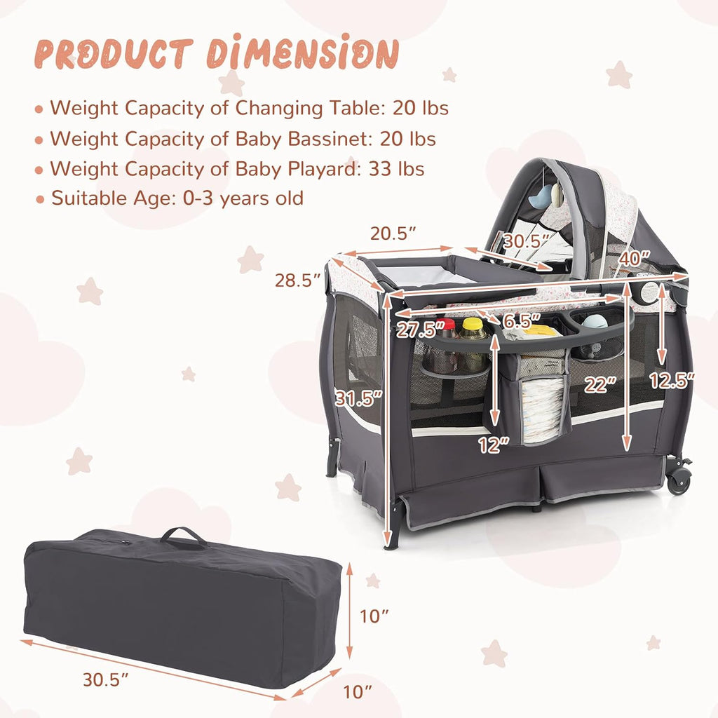 HONEY JOY Pack and Play, 4 in 1 Portable Baby Crib Playpen w/Bassinet, Changing Table, Canopy, Mattress, Music Box, Storage Bag, Foldable Pack and Play for Infant Boys Girls