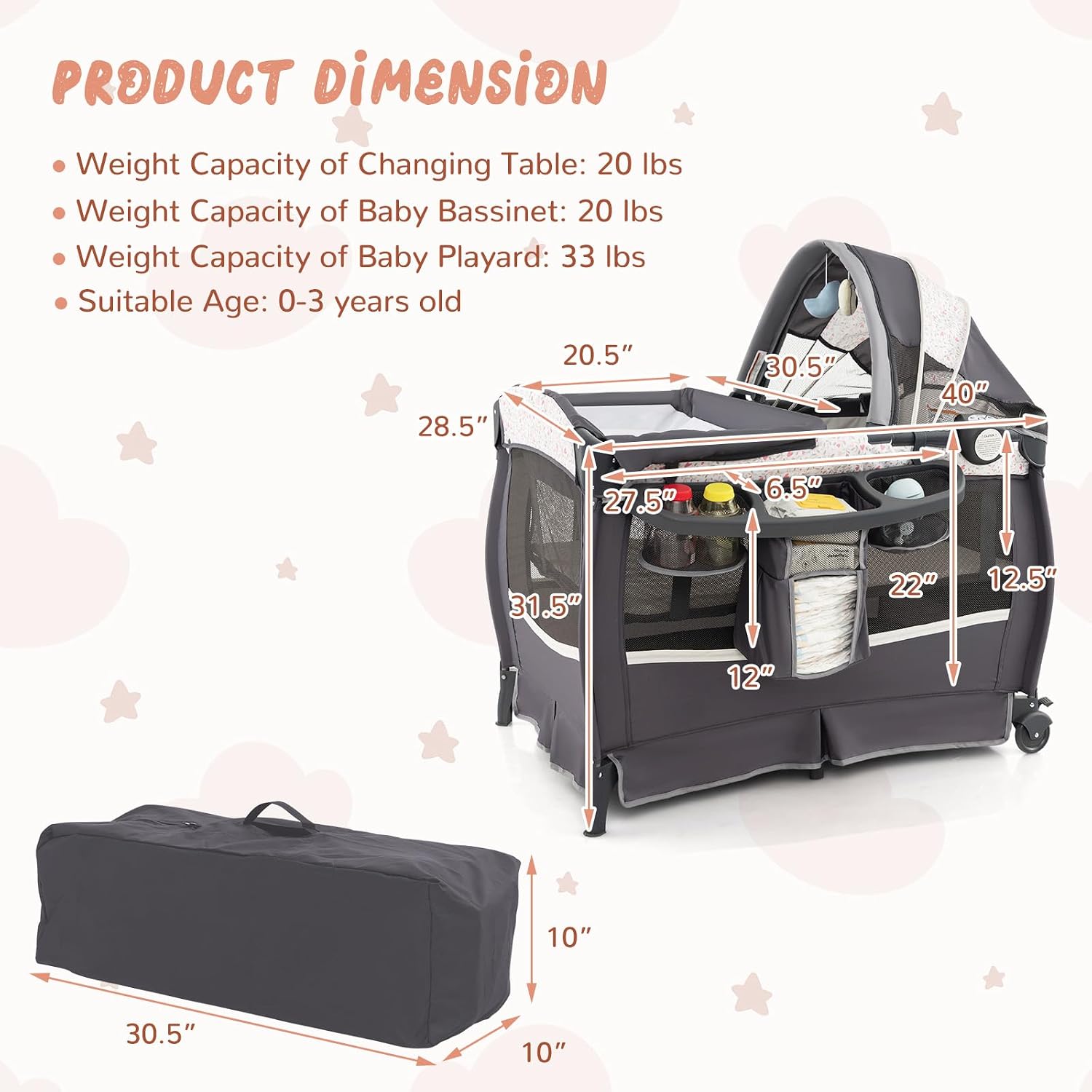 HONEY JOY Pack and Play, 4 in 1 Portable Baby Crib Playpen w/Bassinet, Changing Table, Canopy, Mattress, Music Box, Storage Bag, Foldable Pack and Play for Infant Boys Girls