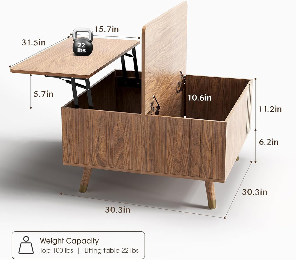 Square Coffee Table with Lift-Top & Flip-Top Storage, 36' Functional Modern Accent Center Table with Solid Wood Legs, Rustic Walnut Coffee Tables for Living Room Small Space or Office