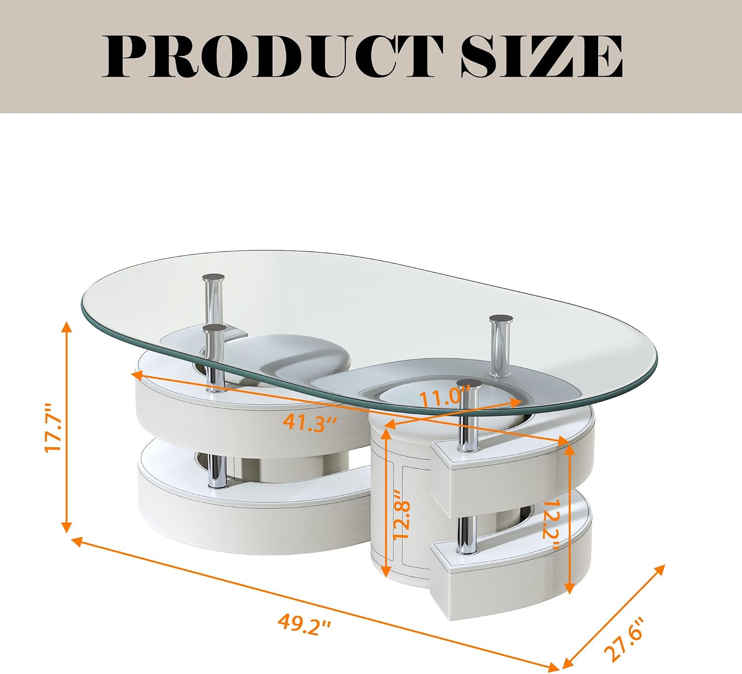 Oval Glass Coffee Table Set of 3, 0.39' Tempered Glass Top and S Shape Base, Modern Center Table with 2 Leather Stools, Accent Coffee Tables for Living Room Bedroom, White, 49.21'L x 27.56'W x 17.72'H