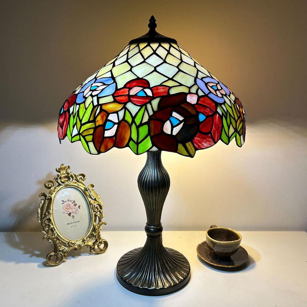 Red Floral Tiffany Lamp Shade Replacement, Only 16X9 Inch Pastoral Retro Stained Glass Lampshades, Suitable for Table Lamp Floor Lamp Hanging Pendant lamp Ceiling Light Desk Lamp