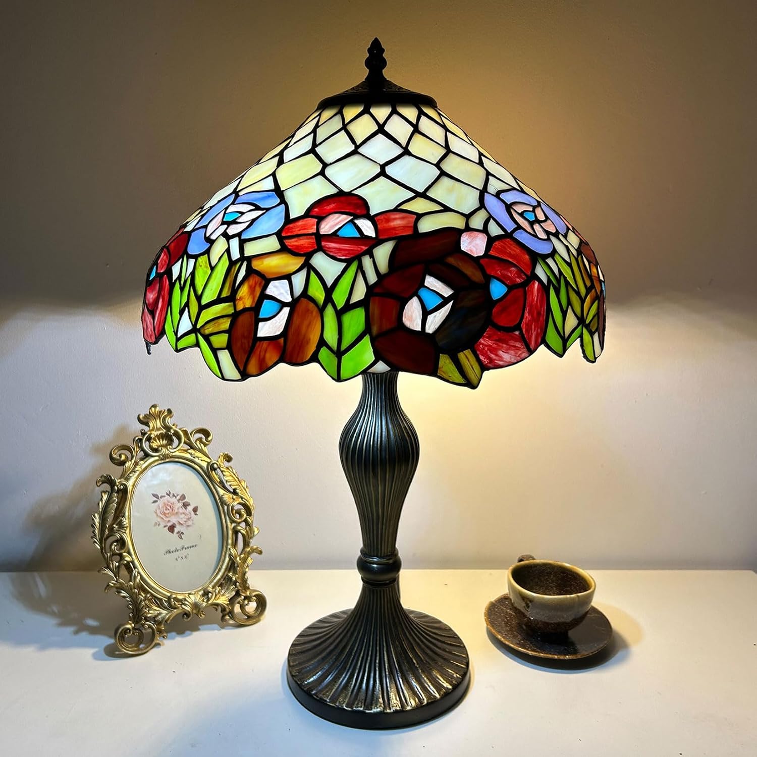 Red Floral Tiffany Lamp Shade Replacement, Only 16X9 Inch Pastoral Retro Stained Glass Lampshades, Suitable for Table Lamp Floor Lamp Hanging Pendant lamp Ceiling Light Desk Lamp