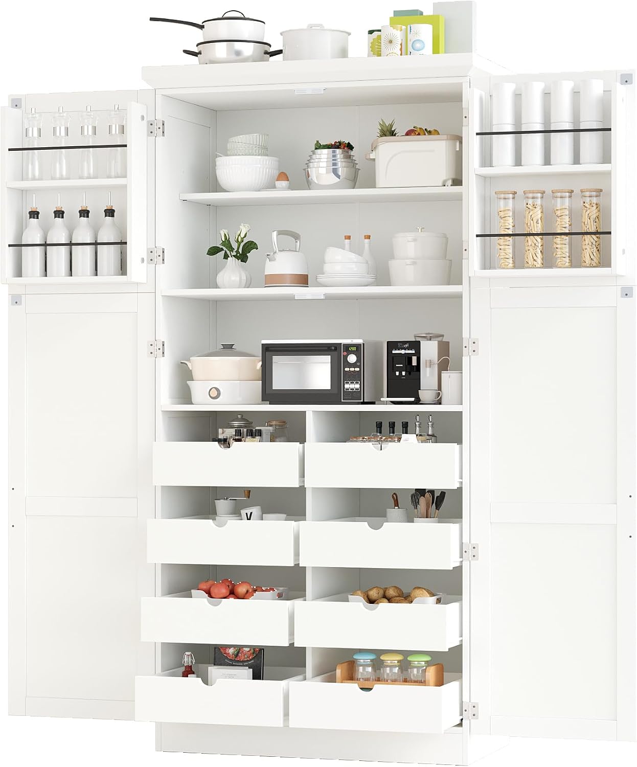 Merax 35.5x17.6x70.9 inches Freestanding Kitchen Pantry Cabinet, Tall Storage Cabinet with 4 Doors, 2 Door Shelves, 8 Pull-Out Trays and Adjustable Shelf for Dining Room, White