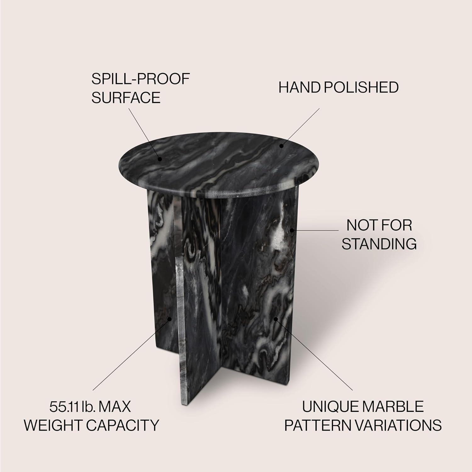 JONATHAN Y MTB1103B Javier 17.75' Contemporary Natural Marble Handmade X-Shaped End Table for Living Room, Bedroom, Bathroom, Black/Gray