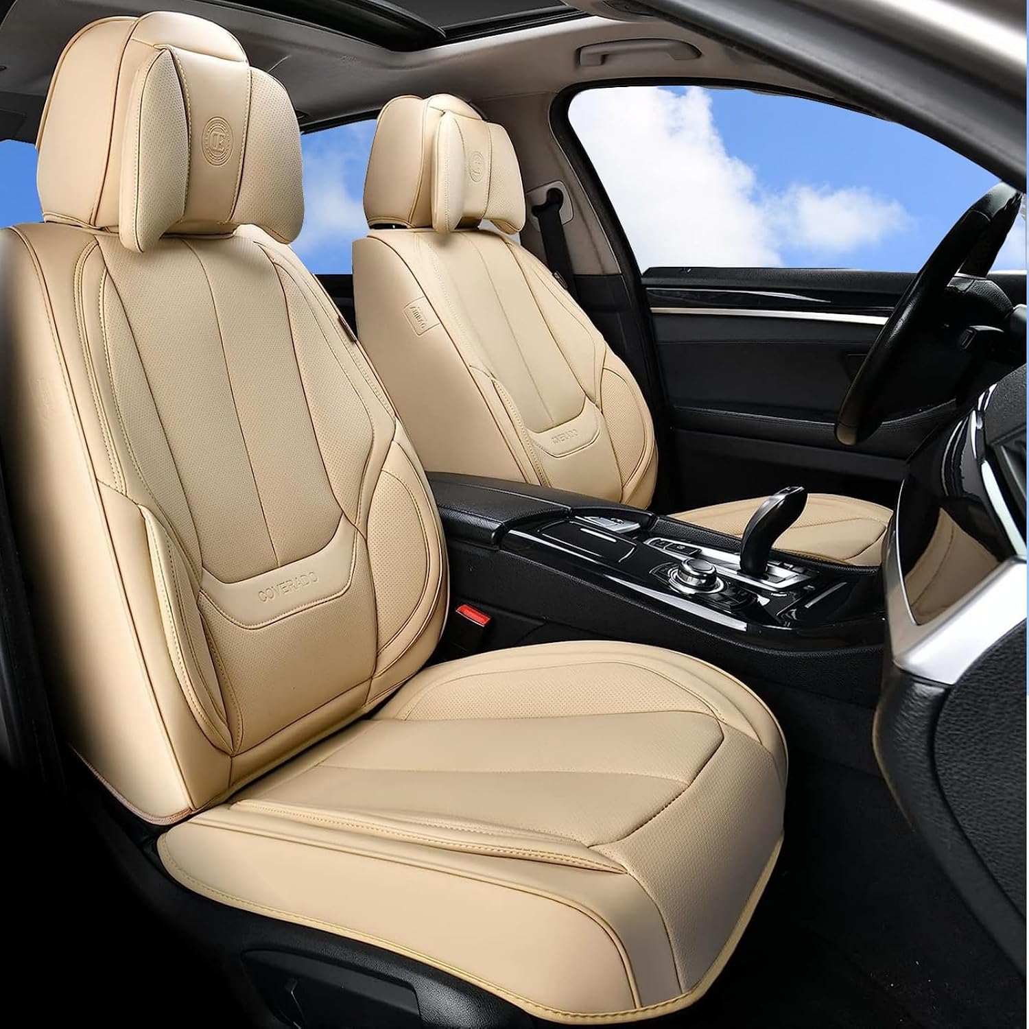 Coverado Universal Seat Covers Full Set, 5 Seats Universal Seat Covers for Cars, Waterproof NAPPA Leather Car Seat Covers with Head Pillow, Seat Protectors Fit for Most Sedans SUV Pick-up Truck, Beige