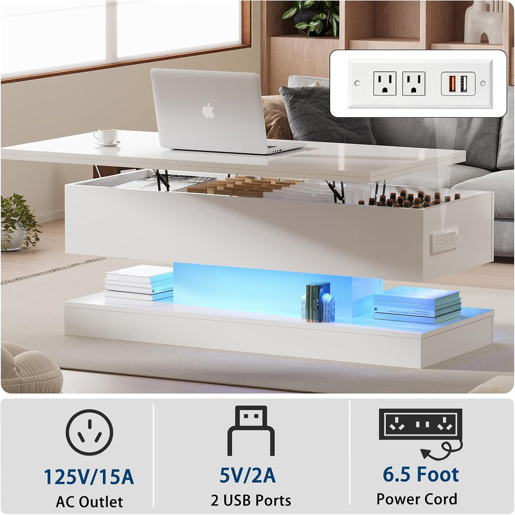 GarveeHome 47.2 Inch Large Lift Top Coffee Table Modern High Glossy LED Storage Table with APP Control for Living Room Dining Room Home Office White 47.2' l*19.29' w*17.72' h