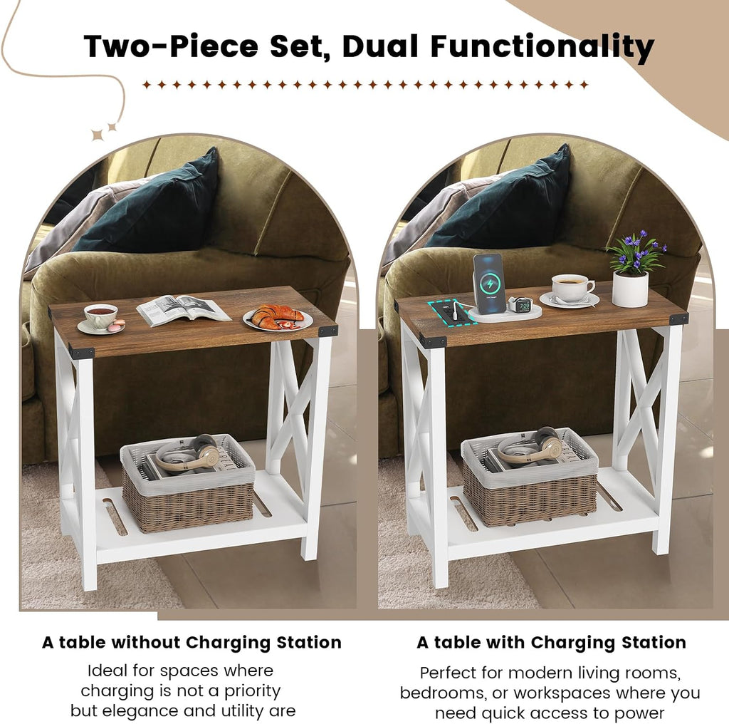 Hadulcet Farmhouse End Tables Living Room Set of 2, Narrow Side Table with Charging Station, Slim Nightstand for Small Space, Skinny Bedside Table, Sofa Side Table with Storage Shelf, White & Brown