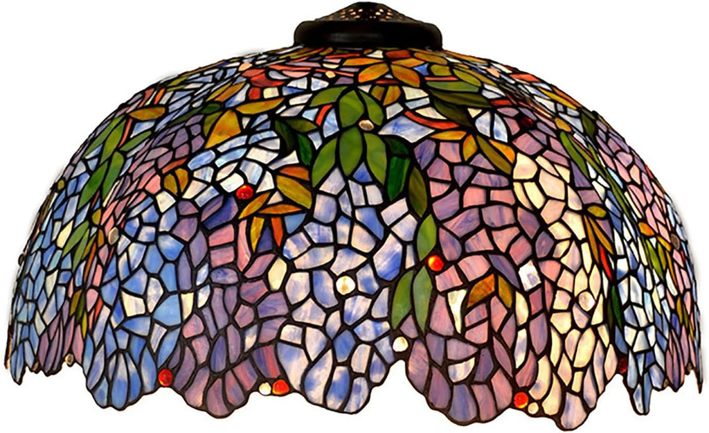 22Inch Purple Blue Wisteria Stained Glass Lampshade Replacement for Table Lamp, Wall Lamp, Ceiling Light, Floor Lamp, Tiffany Style Green Leaves Flower Shade with Red White Beads
