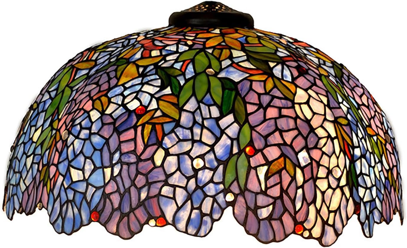 22Inch Purple Blue Wisteria Stained Glass Lampshade Replacement for Table Lamp, Wall Lamp, Ceiling Light, Floor Lamp, Tiffany Style Green Leaves Flower Shade with Red White Beads
