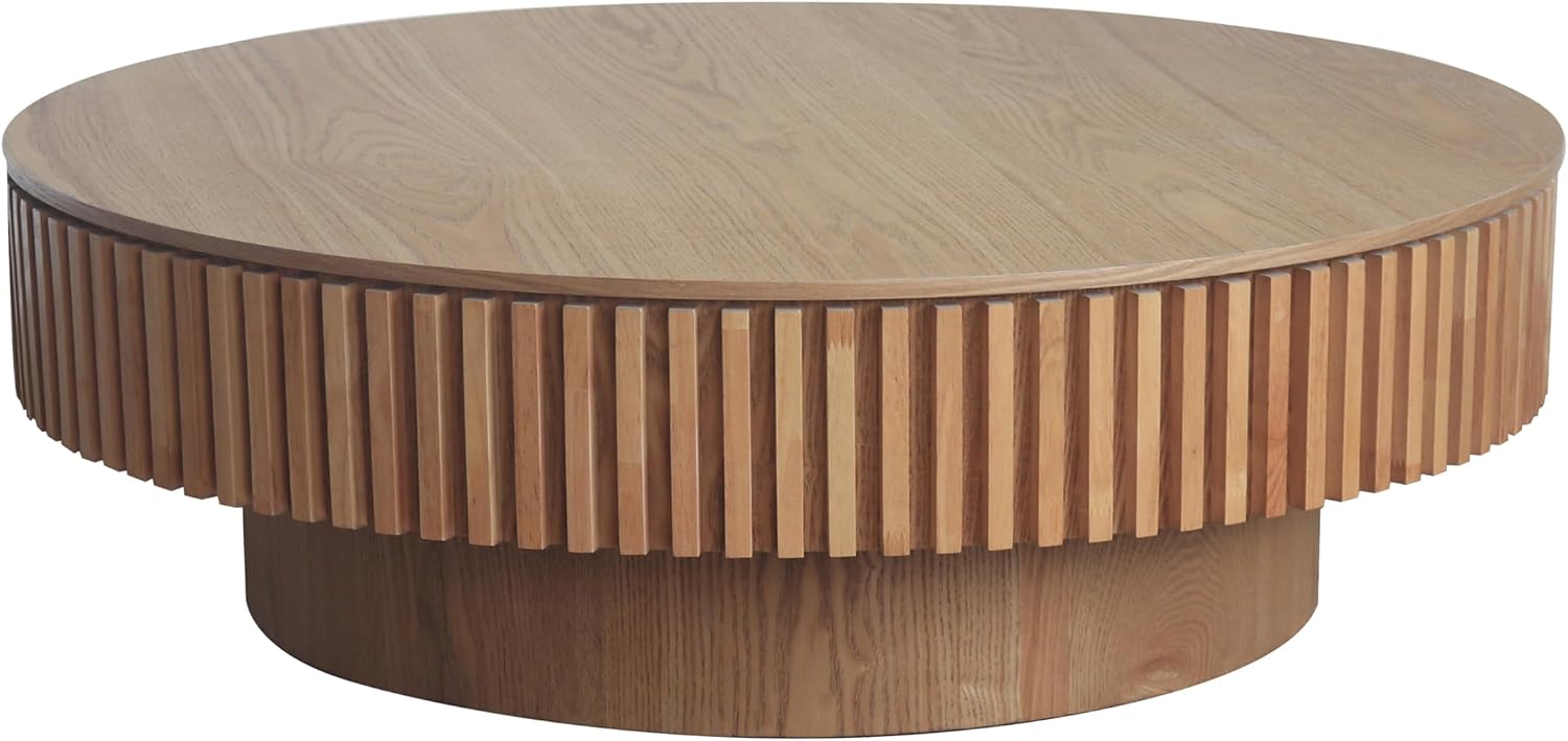 39.37'' Round Coffee Table with Storage, Solid Wood Veneered Modern Drum Coffee Table Accent Tea Table for Living Room, Bedroom, Apartment or Office-Natural
