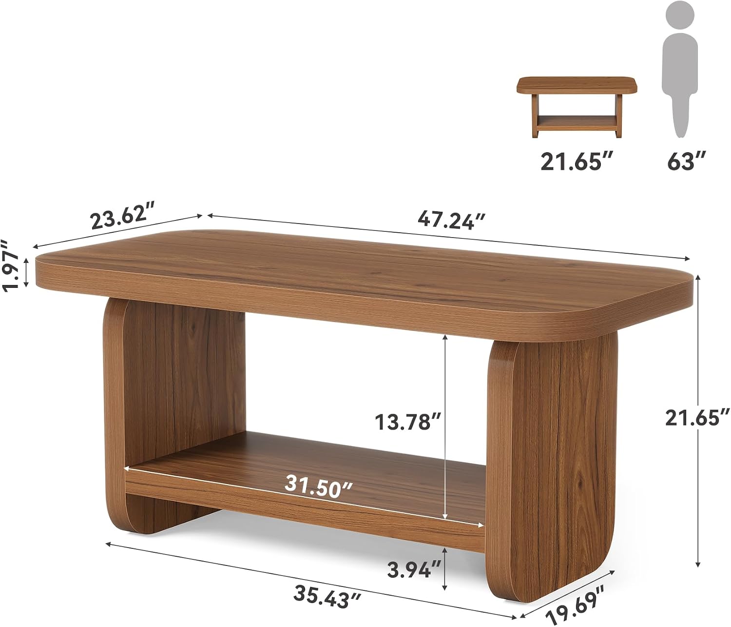 LITTLE TREE Wooden Coffee Table, 47.2' Center Table with Storage, Modern Farmhouse Rectangle Living Room Tables with Rounded Corners for Living Room, Bedroom, Kids Room, Home Office, Brown