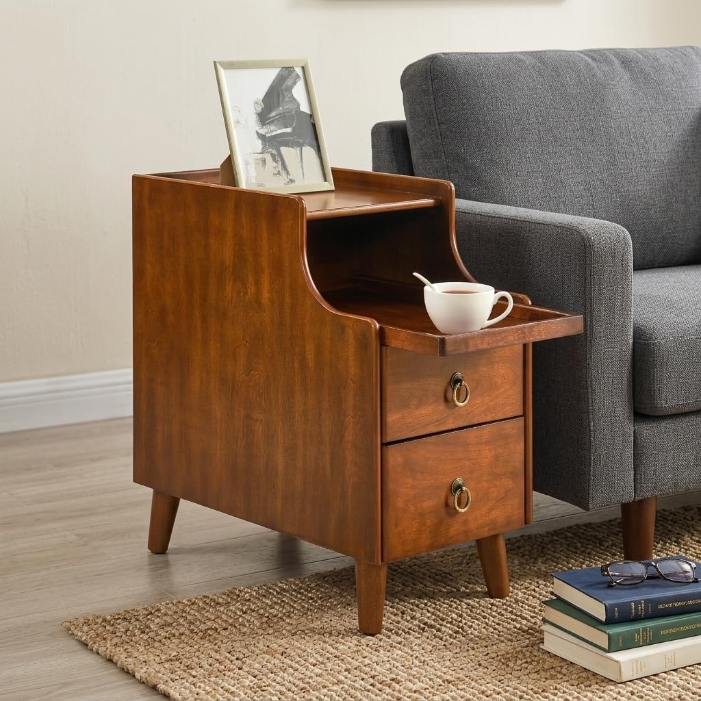 Storage Side End Table with 2 Drawers and Pull-Out Shelf, Small Sofa Side Table for Living Room, No-Tools Assembly, Solid Wood Narrow Beside Tables, 11.8'W x 21.6'L x 22.9'H, Brown, BG-A1359-MG