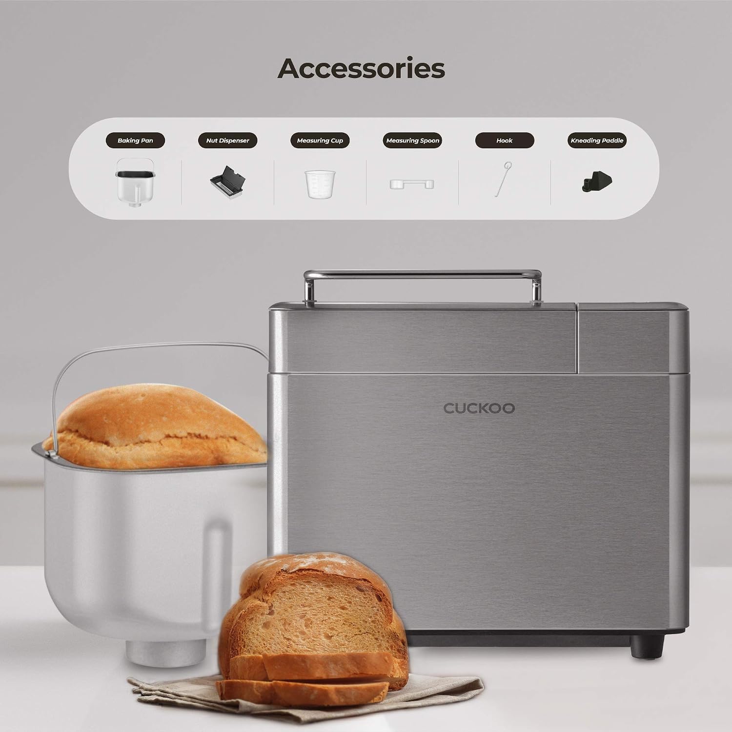 CUCKOO CBM-AAB101S | Multi-Functional Bread Maker | 1 lb, 1.5 lb, & 2 lb. Loaf Options, Crust Color Customization, Auto Fruit & Nut Dispenser, Gluten-Free Option | Stainless Steel (Renewed)