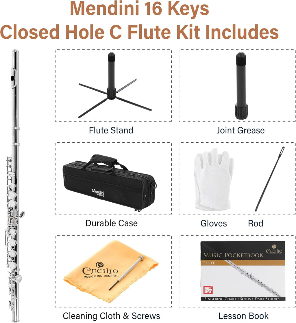 Mendini By Cecilio Flute, 16 Keys Closed Hole C Flute Instrument For Beginners with Carrying Case, Cork Grease, Stand, Lesson Book, Cleaning Kit, Gloves (Silver)