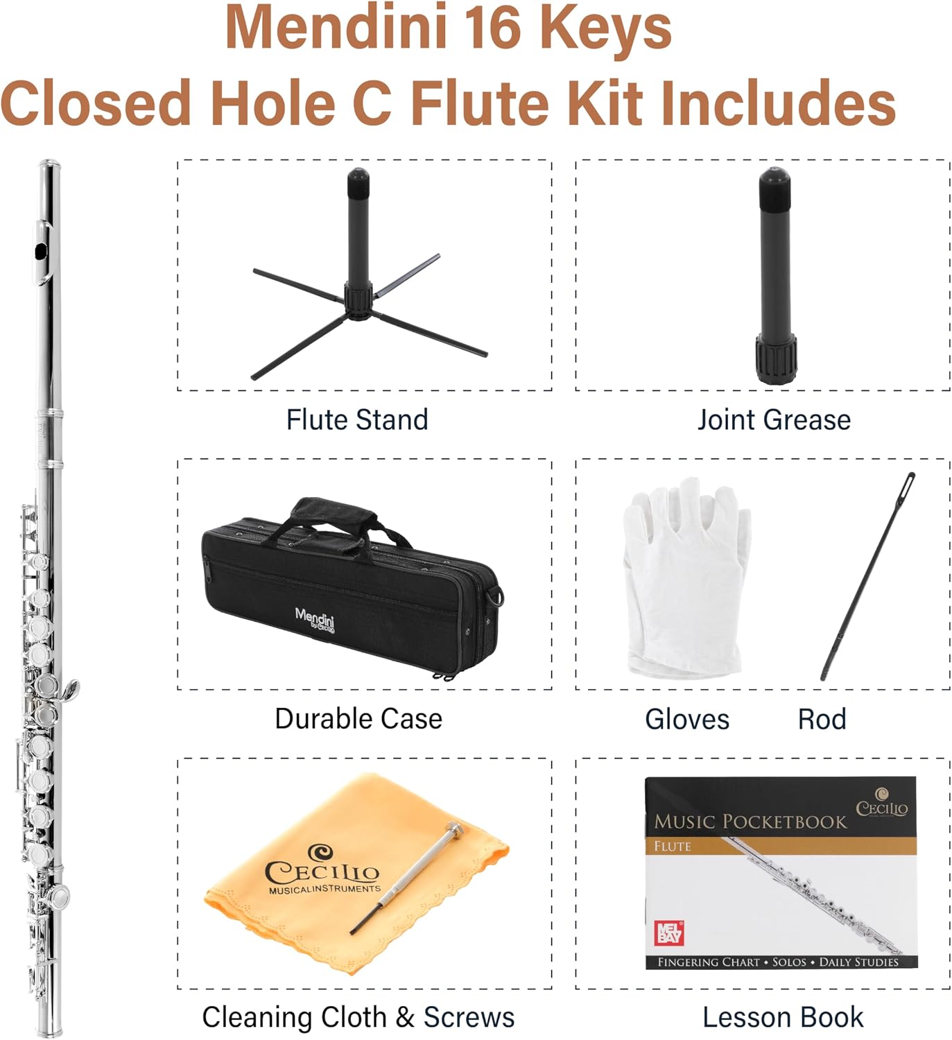 Mendini By Cecilio Flute - 16 Keys Closed Hole C Flute Instrument For Beginners with Carrying Case, Cork Grease, Stand, Lesson Book, Cleaning Kit, Gloves (Nickel)