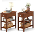 Giantex Narrow End Table Set of 2, Farmhouse Side Tables with Drawer & Storage Shelves, Wood Sofa Side Tables, 3-Tier Nightstands for Small Space, Living Room, Bedroom, 23.5'L x 12'W x 24.5'H, Brown