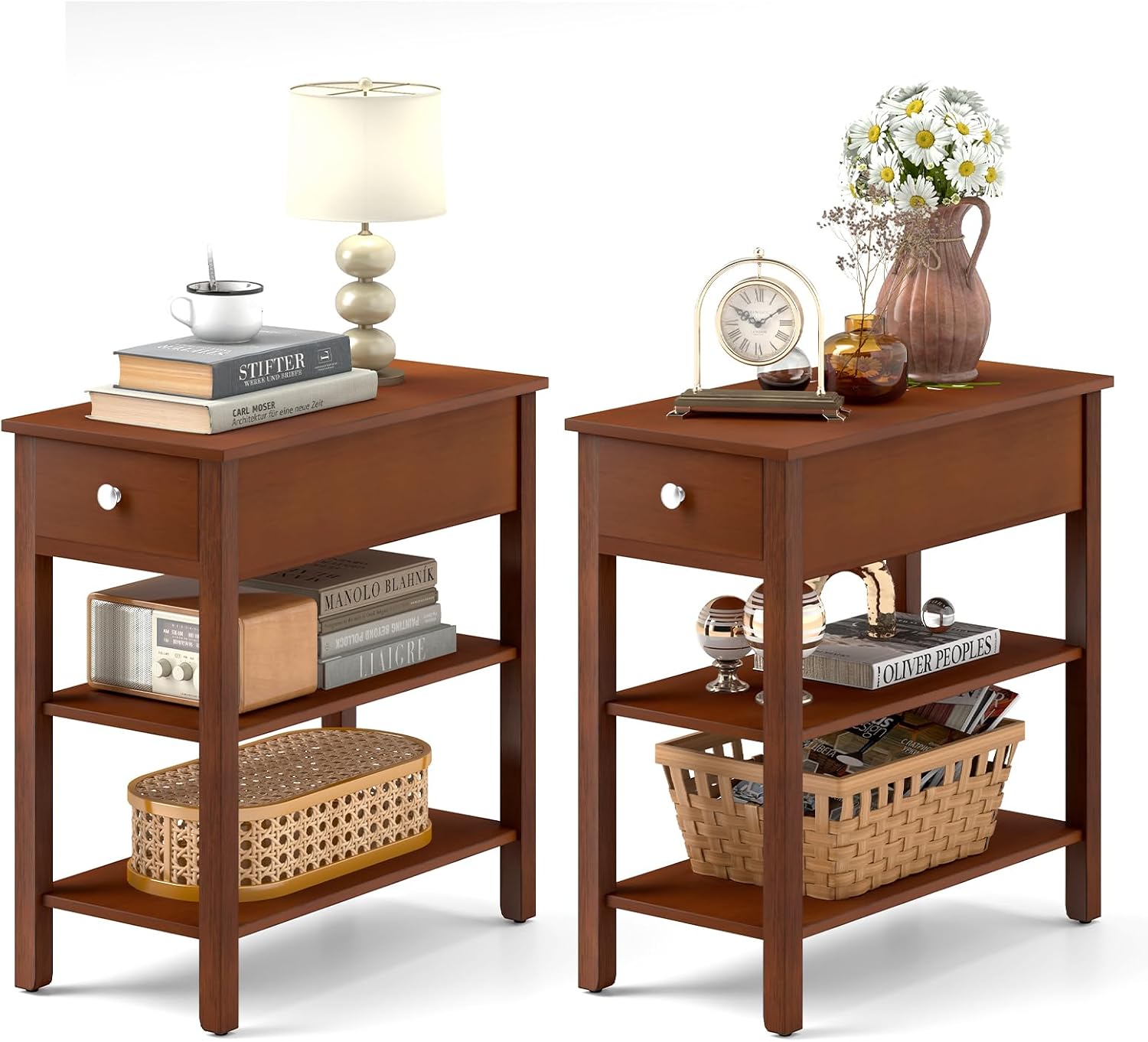 Giantex Narrow End Table Set of 2, Farmhouse Side Tables with Drawer & Storage Shelves, Wood Sofa Side Tables, 3-Tier Nightstands for Small Space, Living Room, Bedroom, 23.5'L x 12'W x 24.5'H, Brown