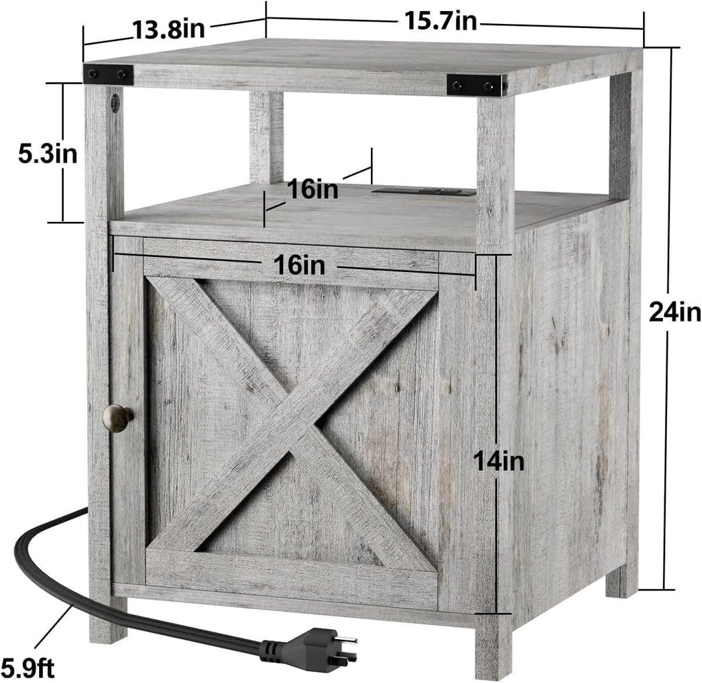 Farmhouse Nightstand Set of 2 with Charging Station, Rustic End Table Bedroom with Storage Living Room Side Table Grayish White Night Stand Industrial Bedside Table