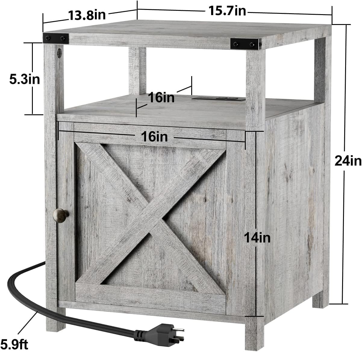Farmhouse Nightstand Set of 2 with Charging Station, Rustic End Table Bedroom with Storage Living Room Side Table Grayish White Night Stand Industrial Bedside Table